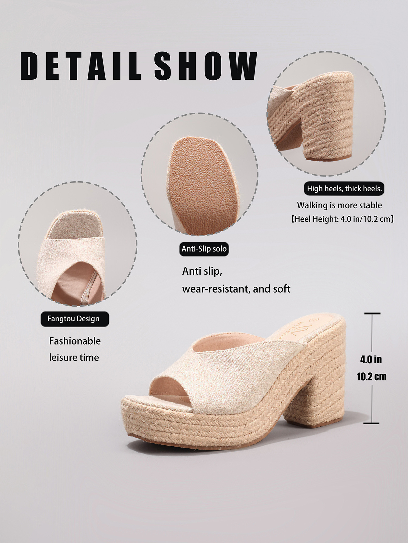Slope Heel Thick Soled Sandals With Suede Texture
