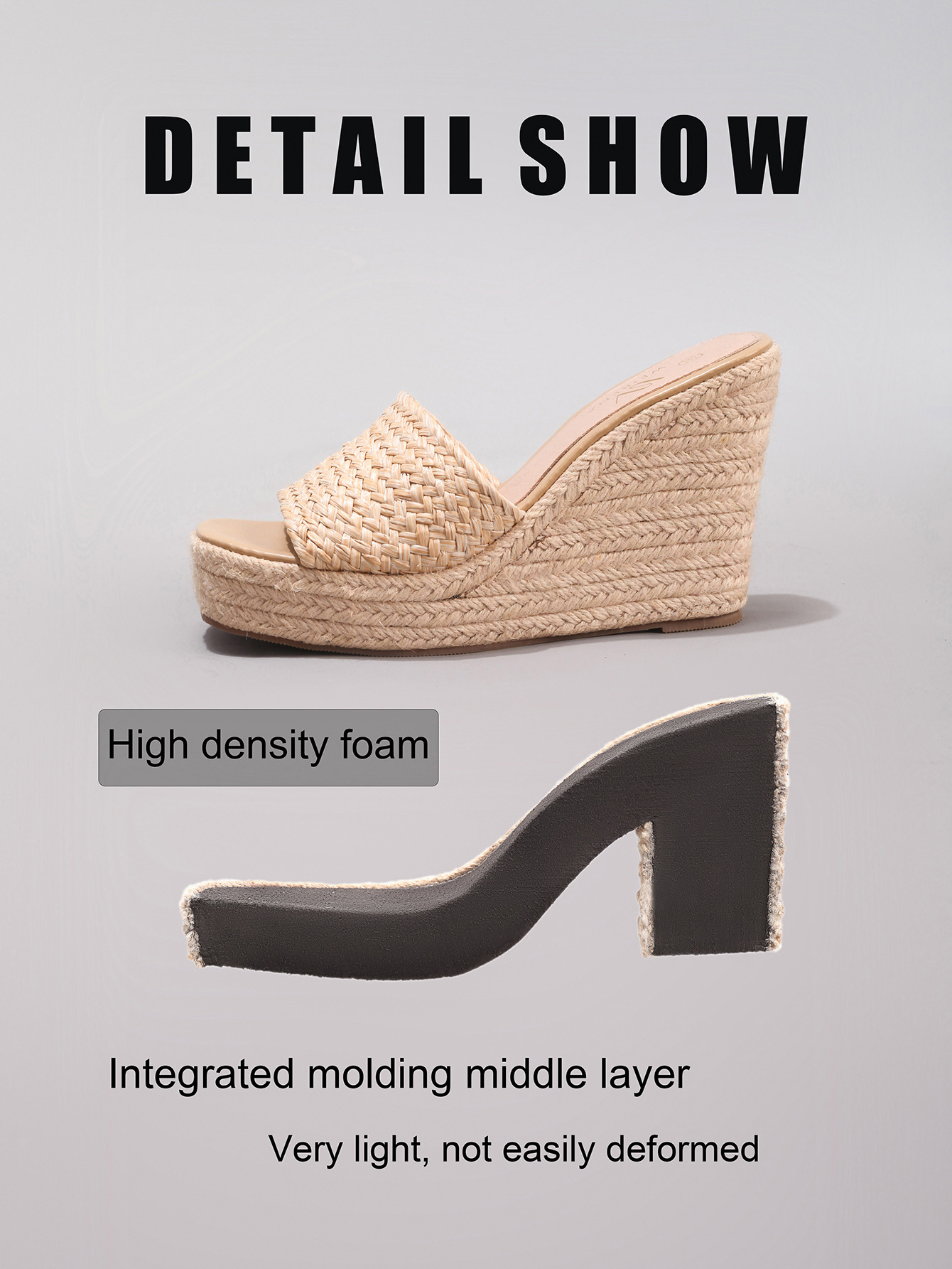 Slope Heel Thick Soled Sandals Woven With Grass Rope