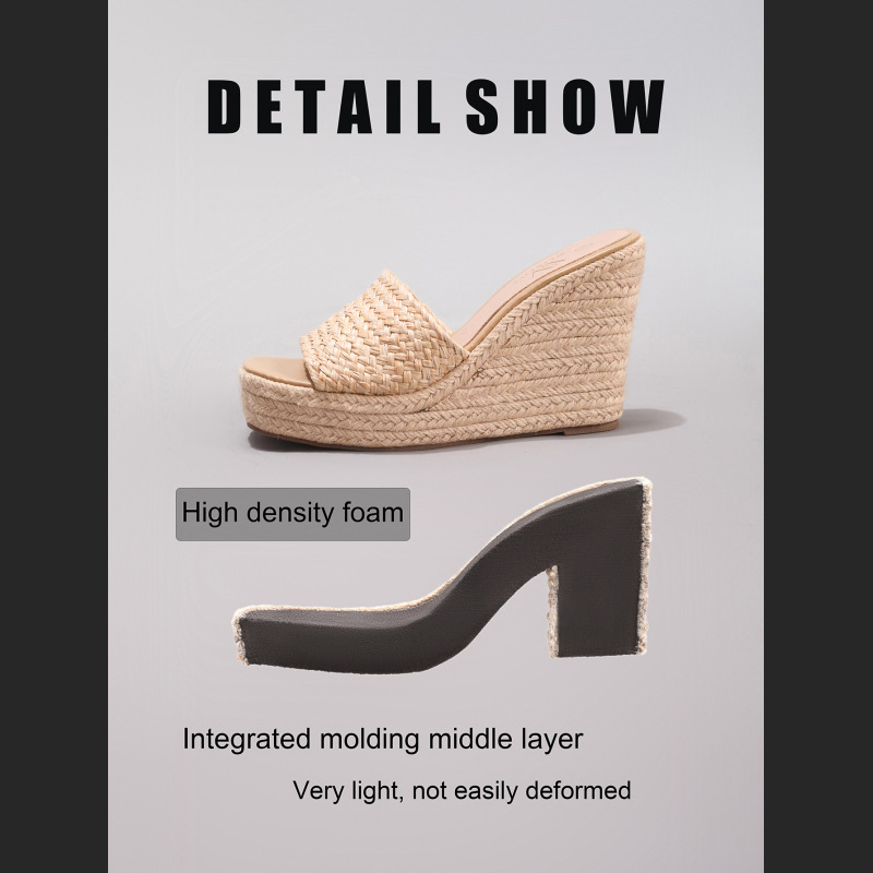 Slope Heel Thick Soled Sandals Woven With Grass Rope