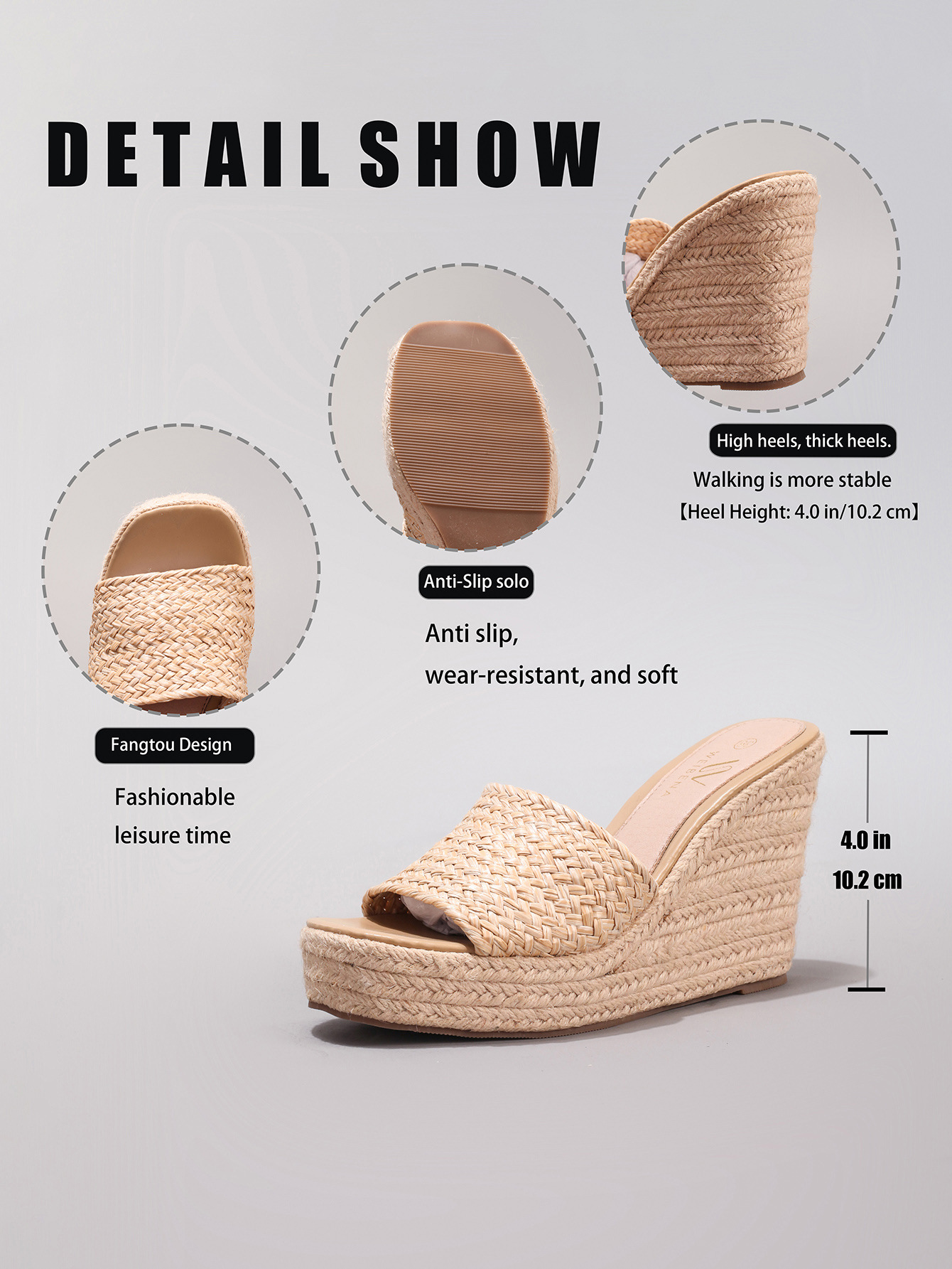 Slope Heel Thick Soled Sandals Woven With Grass Rope