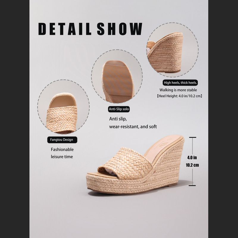 Slope Heel Thick Soled Sandals Woven With Grass Rope