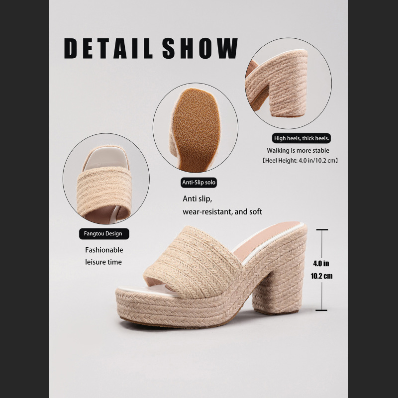 Slope Heel Thick Soled Sandals Woven With Grass Rope