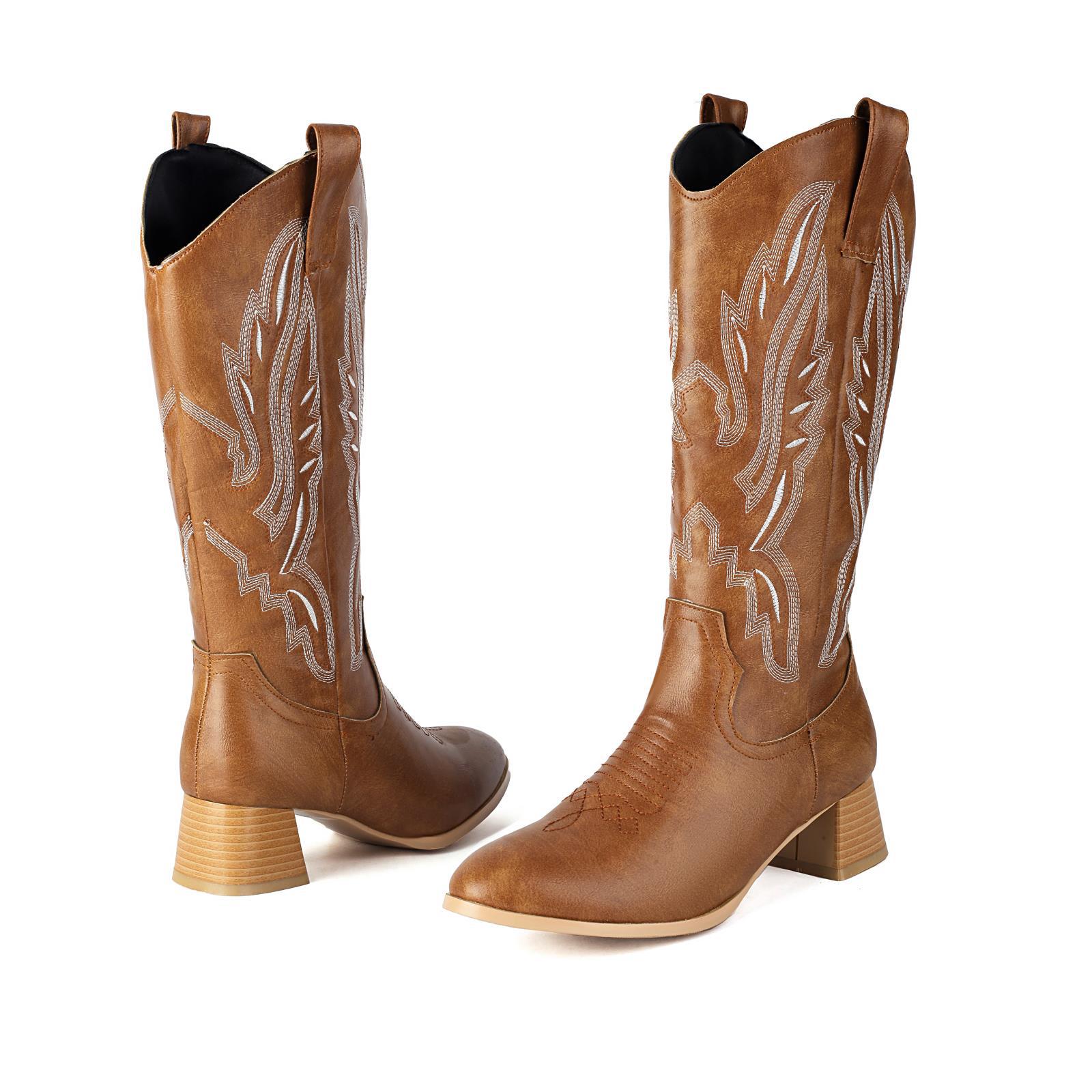 Western Cowboy Boots With Thick Heel And Embroidered Midsole