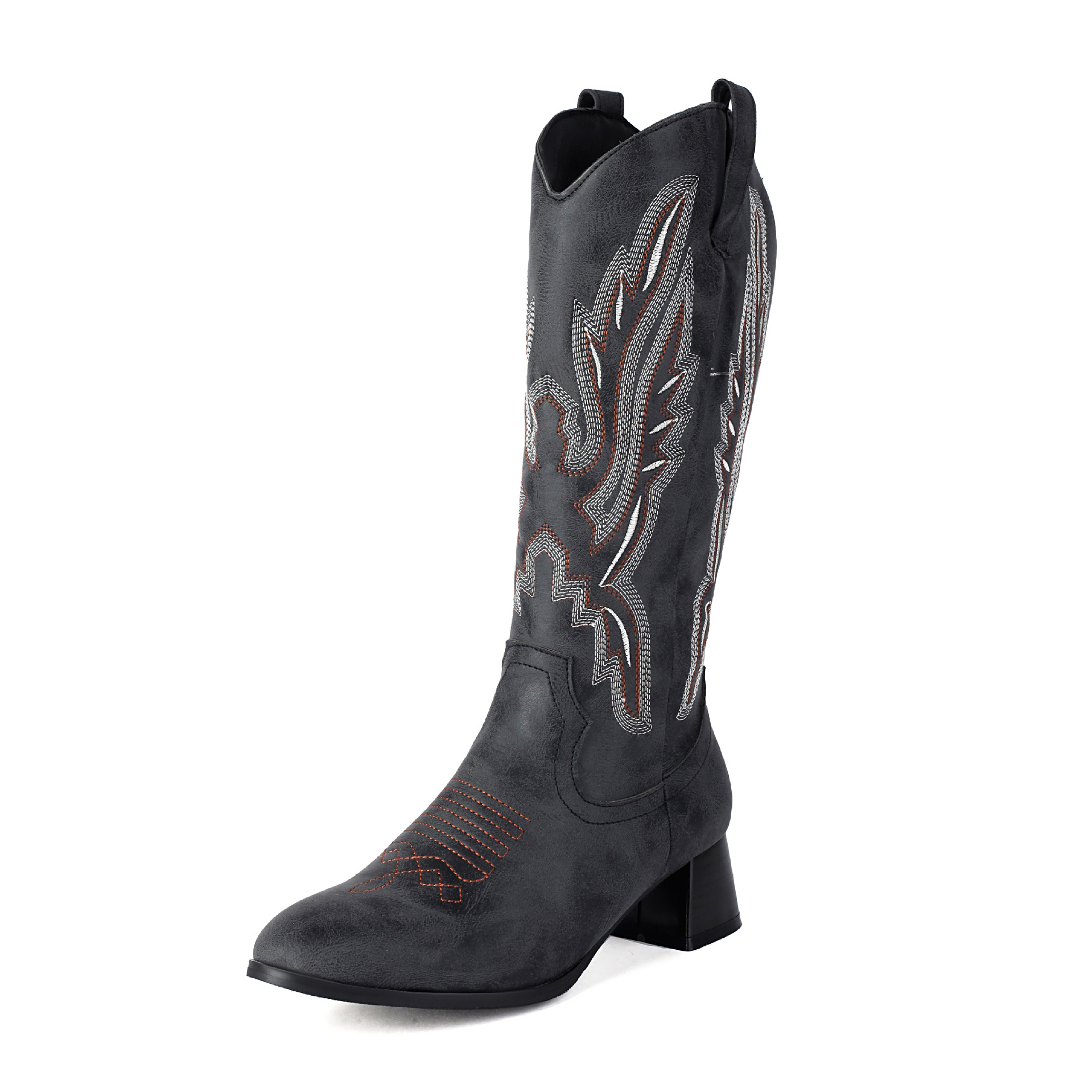 Western Cowboy Boots With Thick Heel And Embroidered Midsole