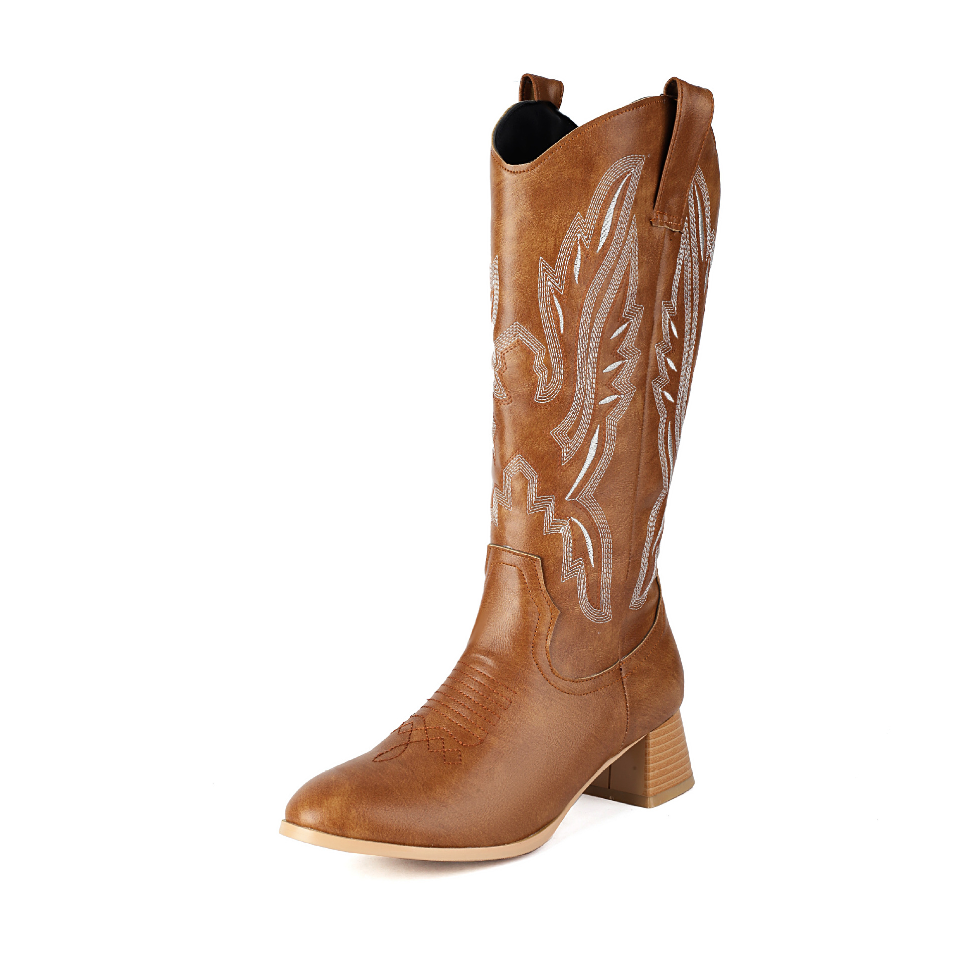 Western Cowboy Boots With Thick Heel And Embroidered Midsole