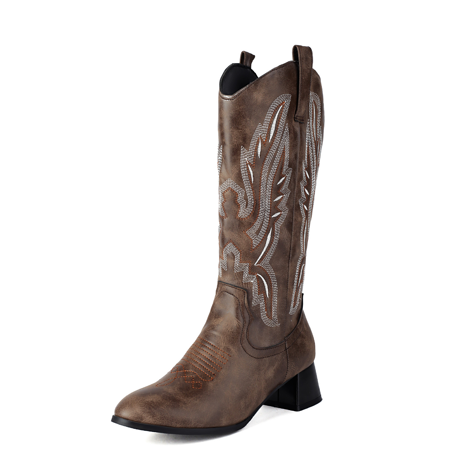 Western Cowboy Boots With Thick Heel And Embroidered Midsole