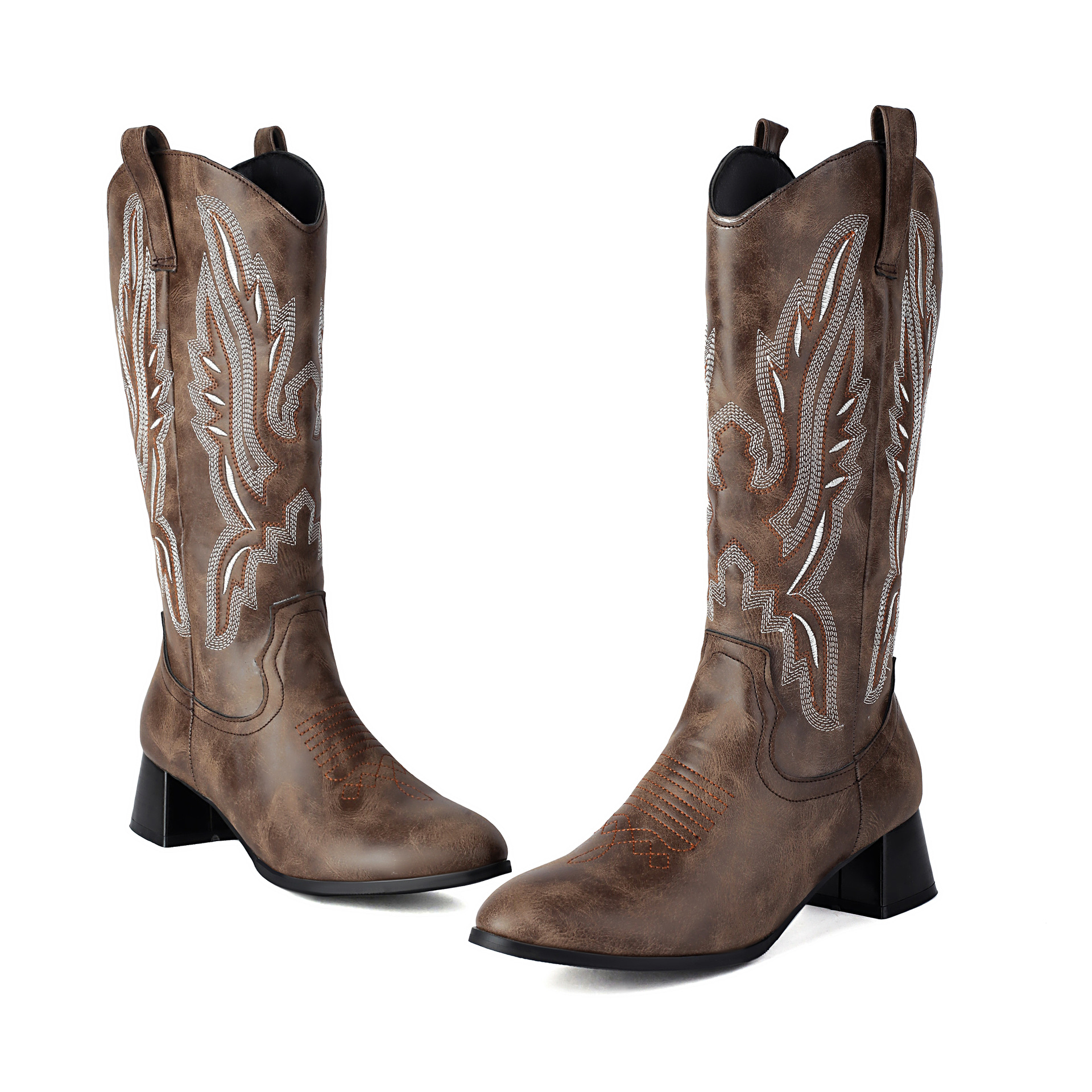 Western Cowboy Boots With Thick Heel And Embroidered Midsole