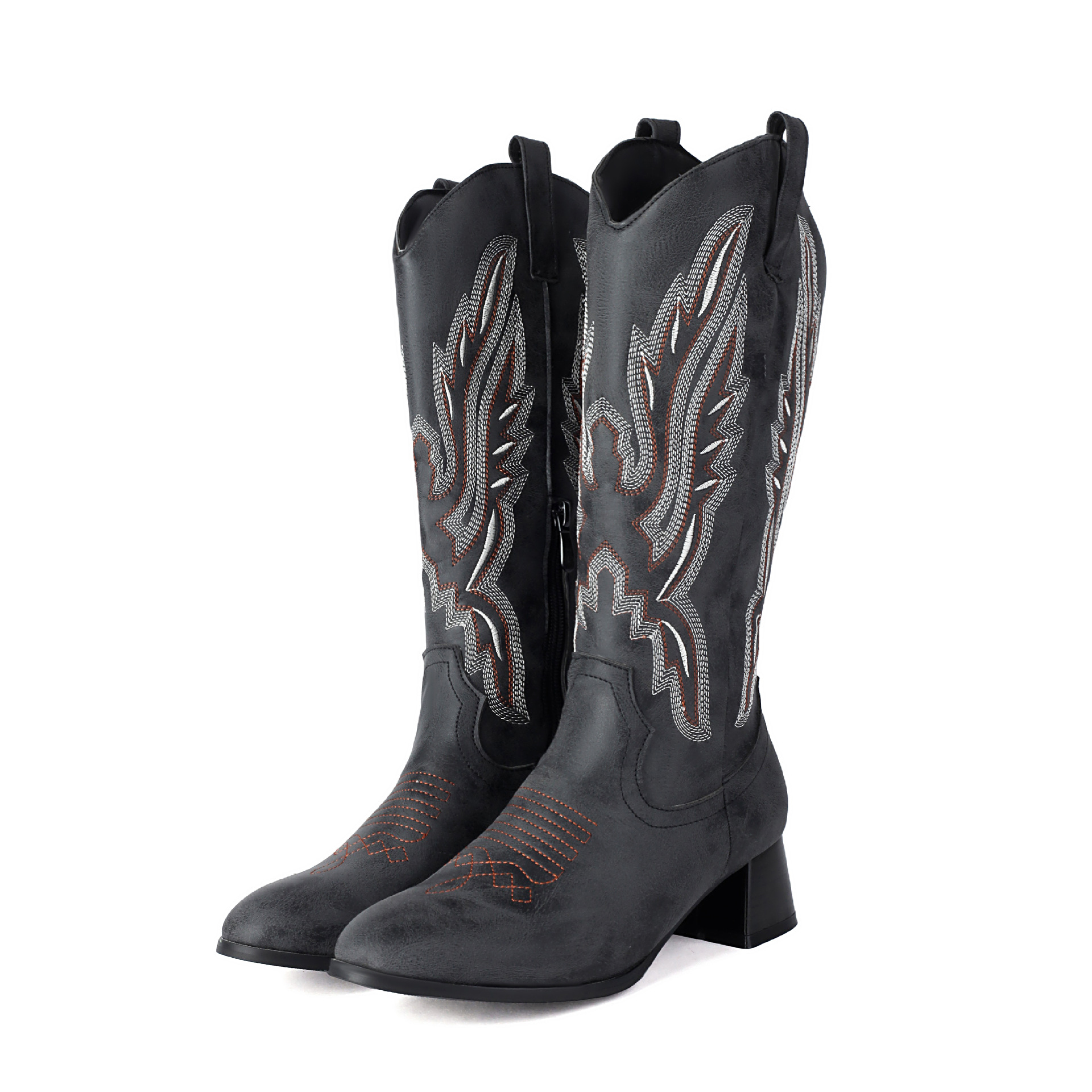 Western Cowboy Boots With Thick Heel And Embroidered Midsole