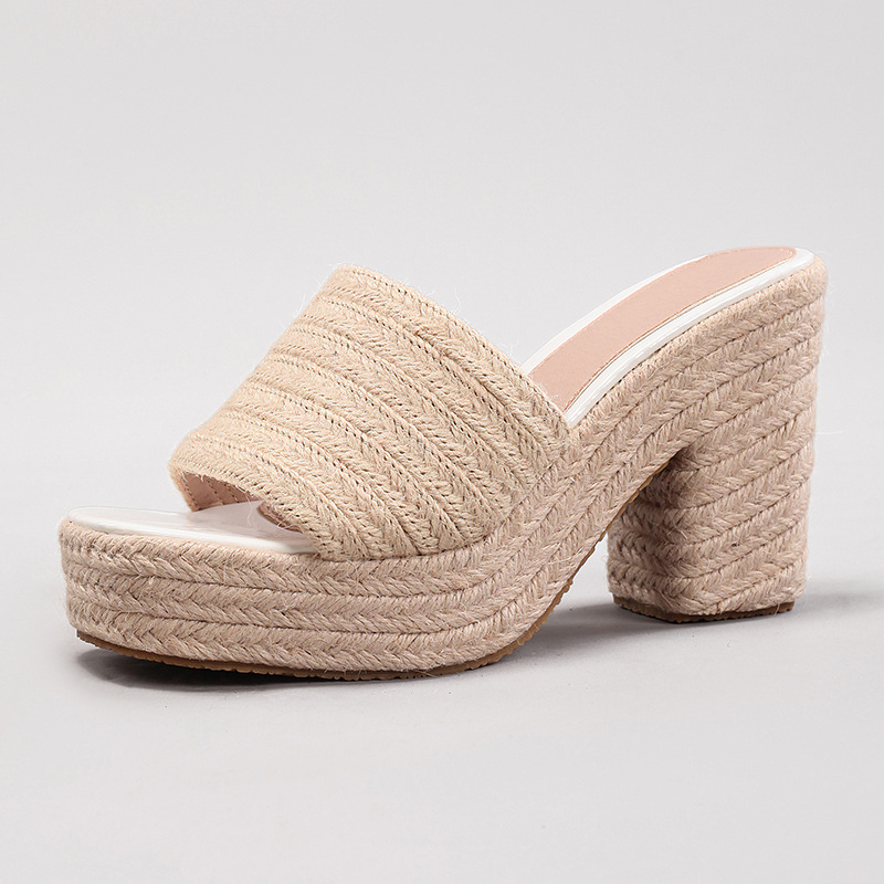 Women's Hemp Rope Slope & Thick Soled Sandals Woven With Grass Rope