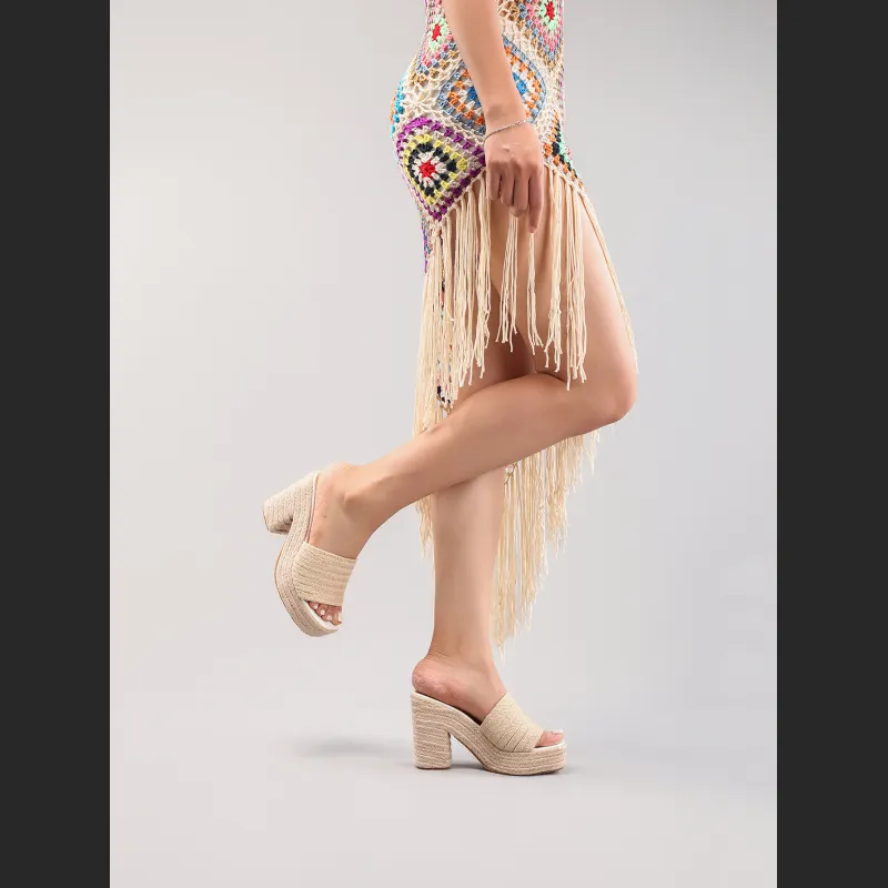Women's Hemp Rope Slope & Thick Soled Sandals Woven With Grass Rope