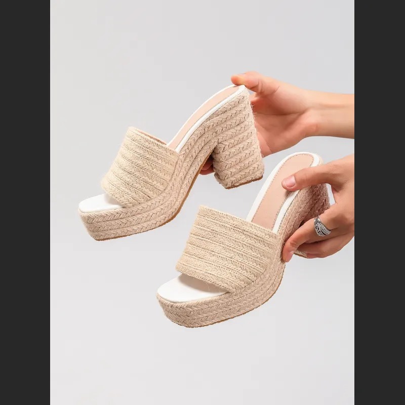 Women's Hemp Rope Slope & Thick Soled Sandals Woven With Grass Rope