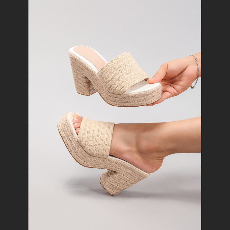 Women's Hemp Rope Slope & Thick Soled Sandals Woven With Grass Rope