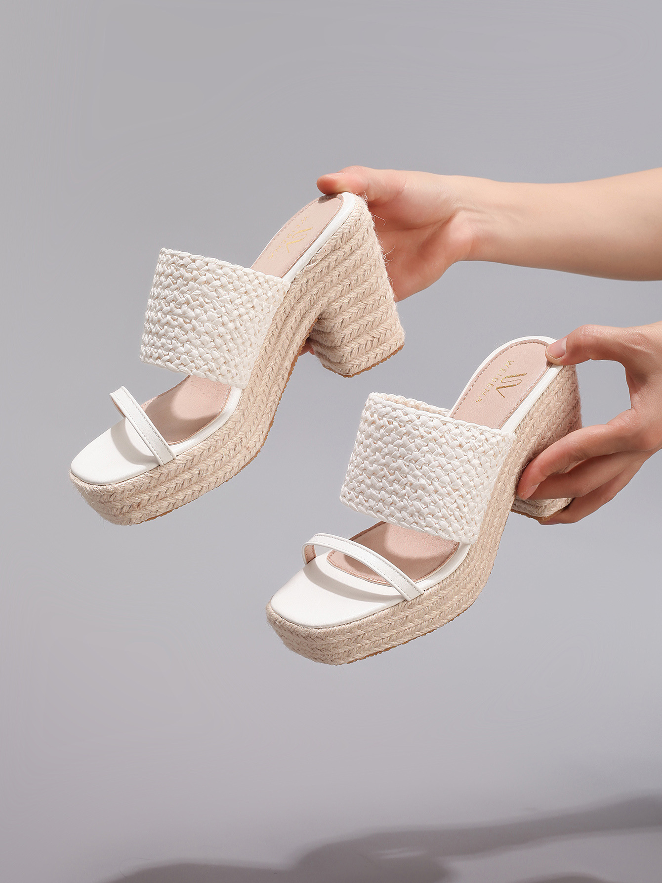 Women's Hollow Woven Thick Soled Sandals With Hemp Rope Wedge Heel