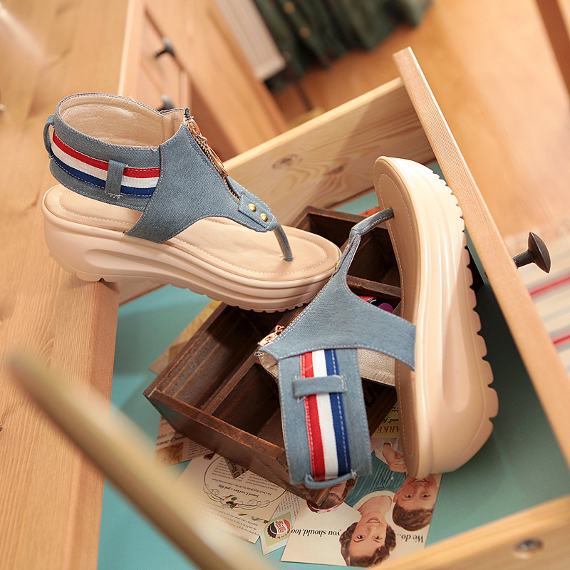 Women's Rocking Shoes Beach Slippers Punk Denim Clip Toe Sandals