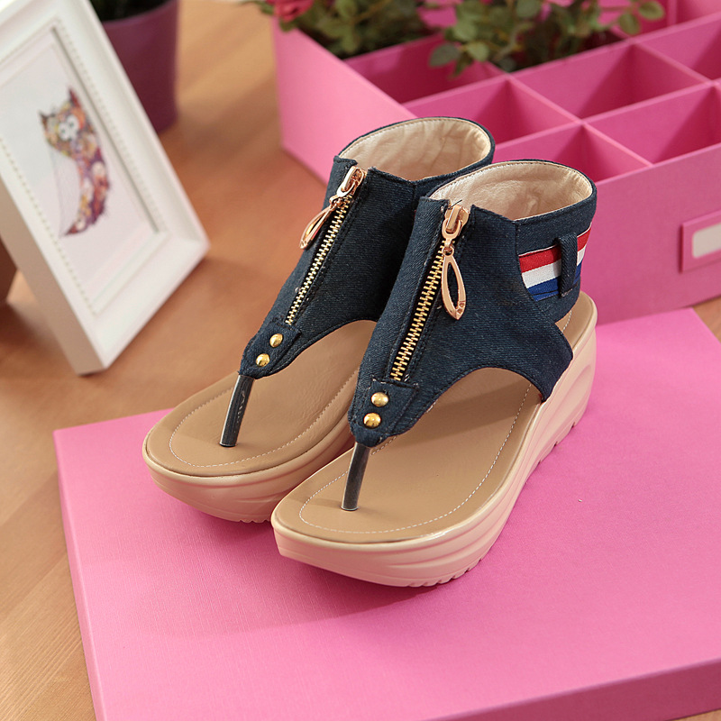 Women's Rocking Shoes Beach Slippers Punk Denim Clip Toe Sandals