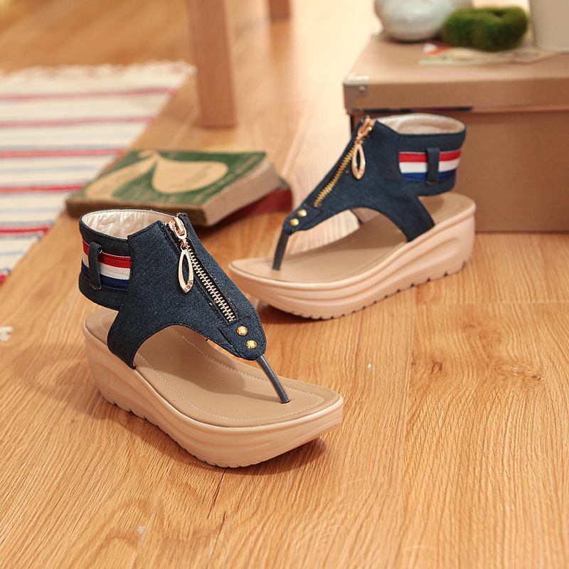 Women's Rocking Shoes Beach Slippers Punk Denim Clip Toe Sandals