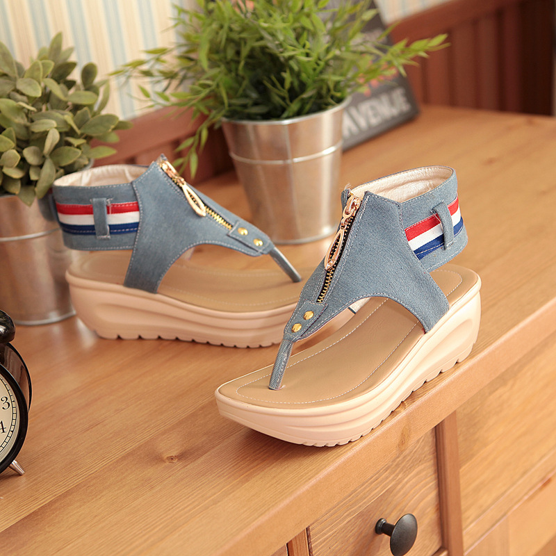 Women's Rocking Shoes Beach Slippers Punk Denim Clip Toe Sandals