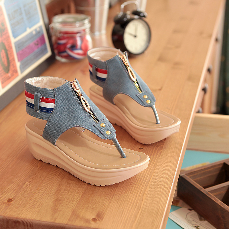 Women's Rocking Shoes Beach Slippers Punk Denim Clip Toe Sandals