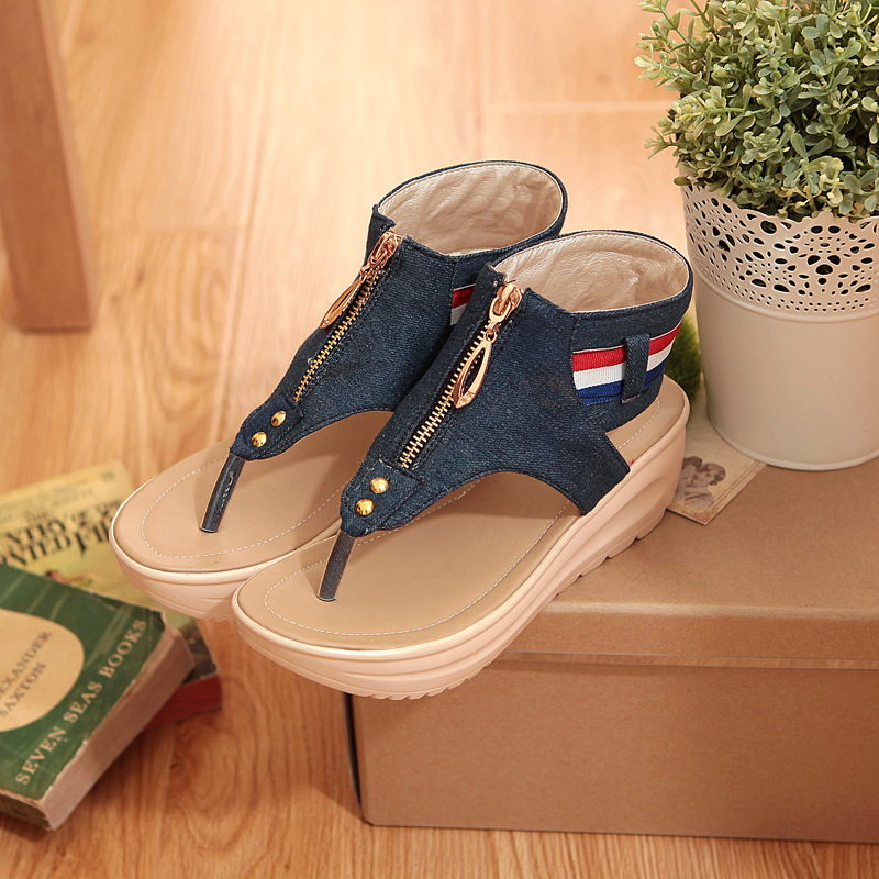 Women's Rocking Shoes Beach Slippers Punk Denim Clip Toe Sandals