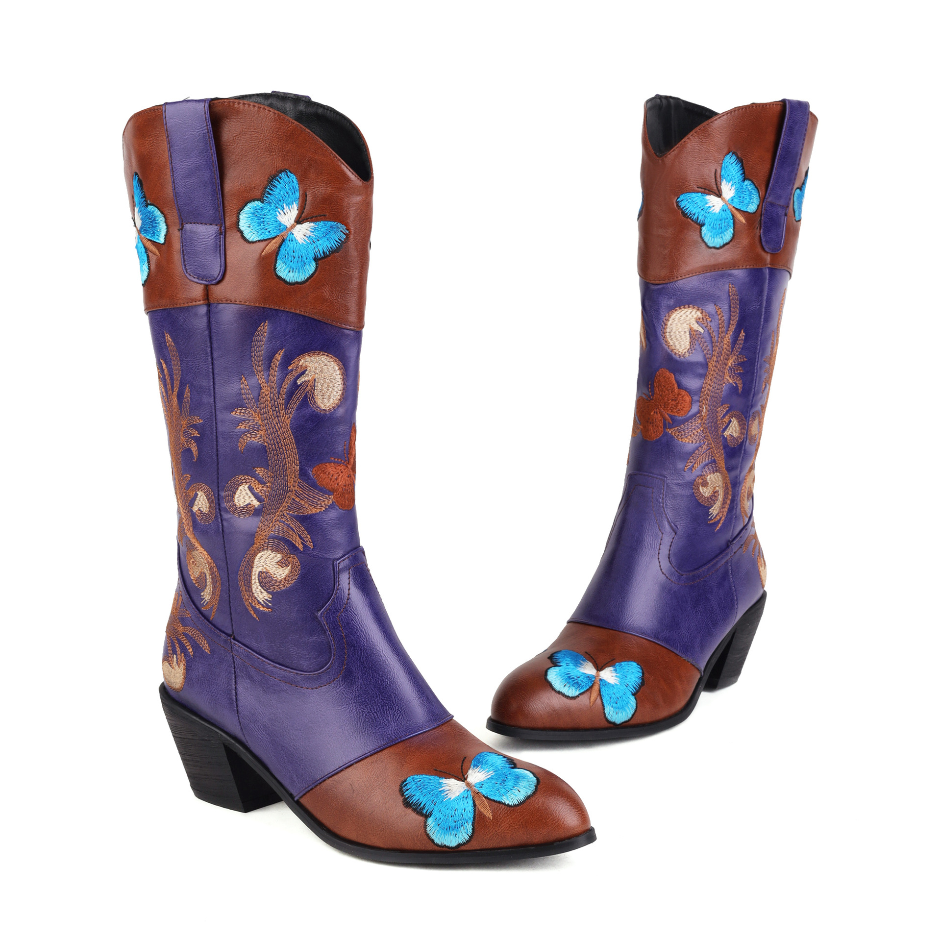 Color Blocked Embroidered High Boots, Knight Boots, Square Heel, Mid Heel Boots