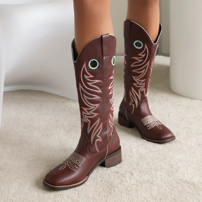 Cowboy Boots, High Boots, Thick Heel, Middle Heel, Embroidered Martin Boots 02