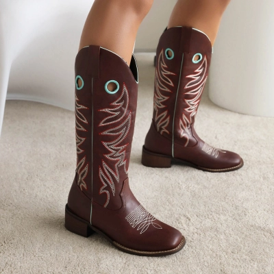 Cowboy Boots, High Boots, Thick Heel, Middle Heel, Embroidered Martin Boots 01