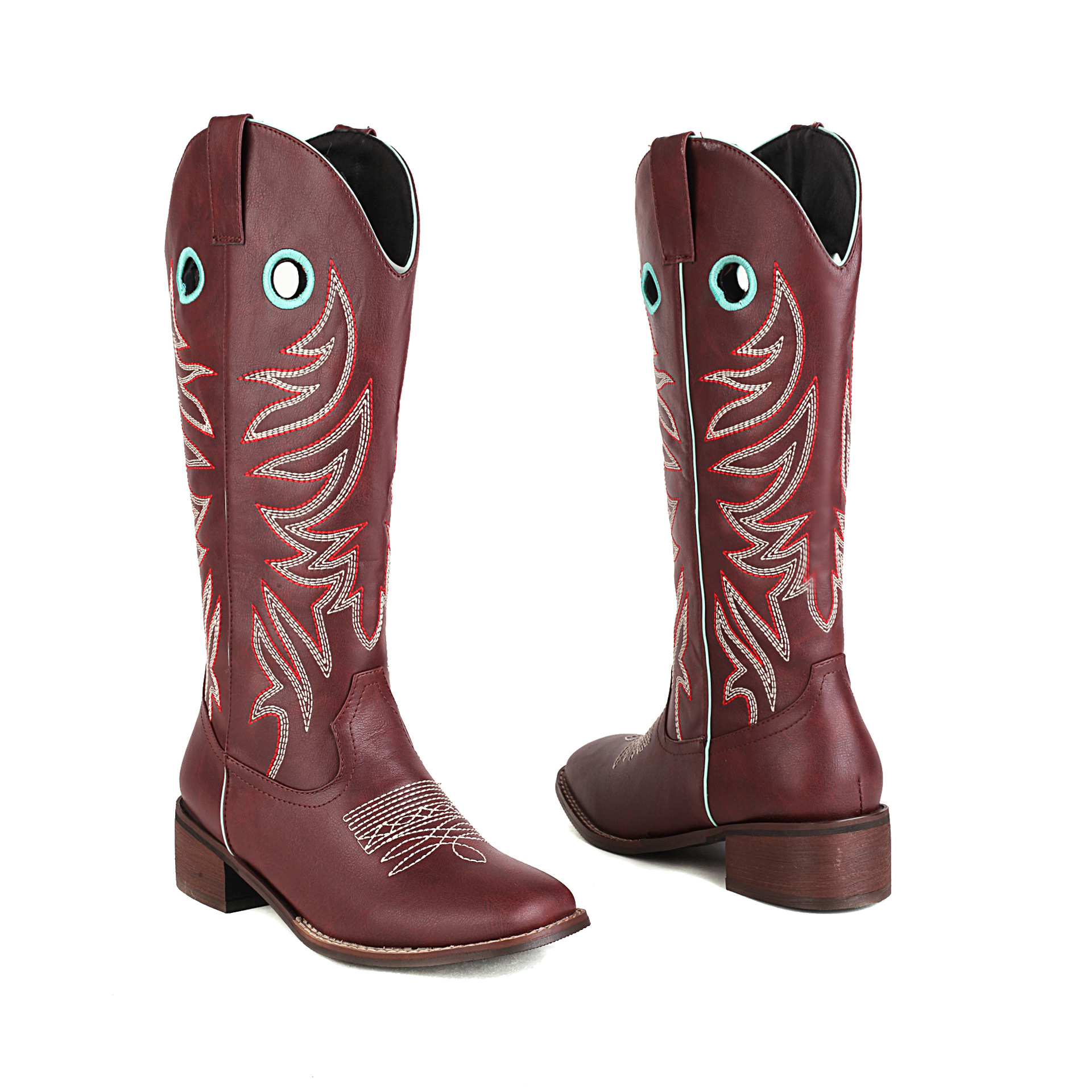 Cowboy Boots, High Boots, Thick Heel, Middle Heel, Embroidered Martin Boots