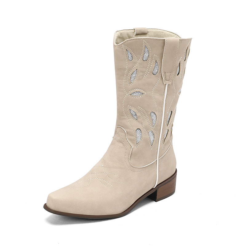 Embroidered Knight Boots With Pointed Toe, Midsole, Women's Boots With Thick Heel