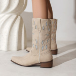 Embroidered Knight Boots With Pointed Toe, Midsole, Women's Boots With Thick Heel