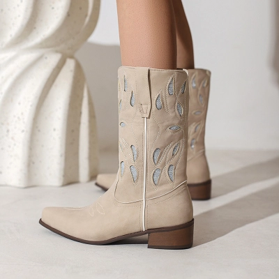 Embroidered Knight Boots With Pointed Toe, Midsole, Women's Boots With Thick Heel 01