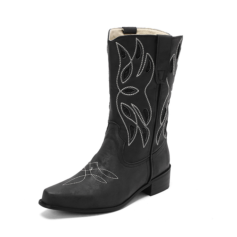Embroidered Knight Boots With Pointed Toe, Midsole, Women's Boots With Thick Heel