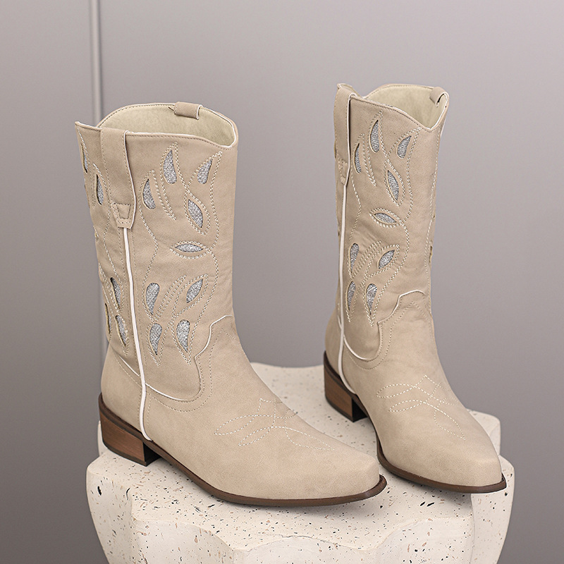 Embroidered Knight Boots With Pointed Toe, Midsole, Women's Boots With Thick Heel