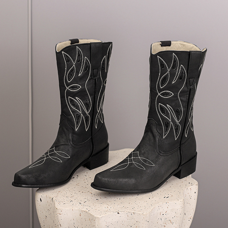 Embroidered Knight Boots With Pointed Toe, Midsole, Women's Boots With Thick Heel