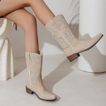 Embroidered Knight Boots With Pointed Toe, Midsole, Women's Boots With Thick Heel