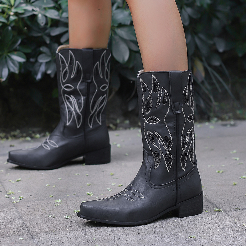Embroidered Knight Boots With Pointed Toe, Midsole, Women's Boots With Thick Heel