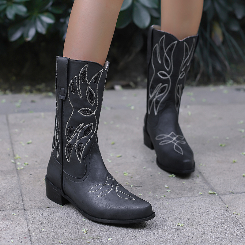 Embroidered Knight Boots With Pointed Toe, Midsole, Women's Boots With Thick Heel