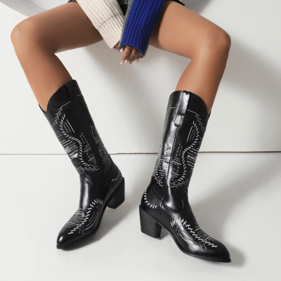 Embroidered Pointed High Boots, Knight Boots, Thick High-Heeled Boots 01