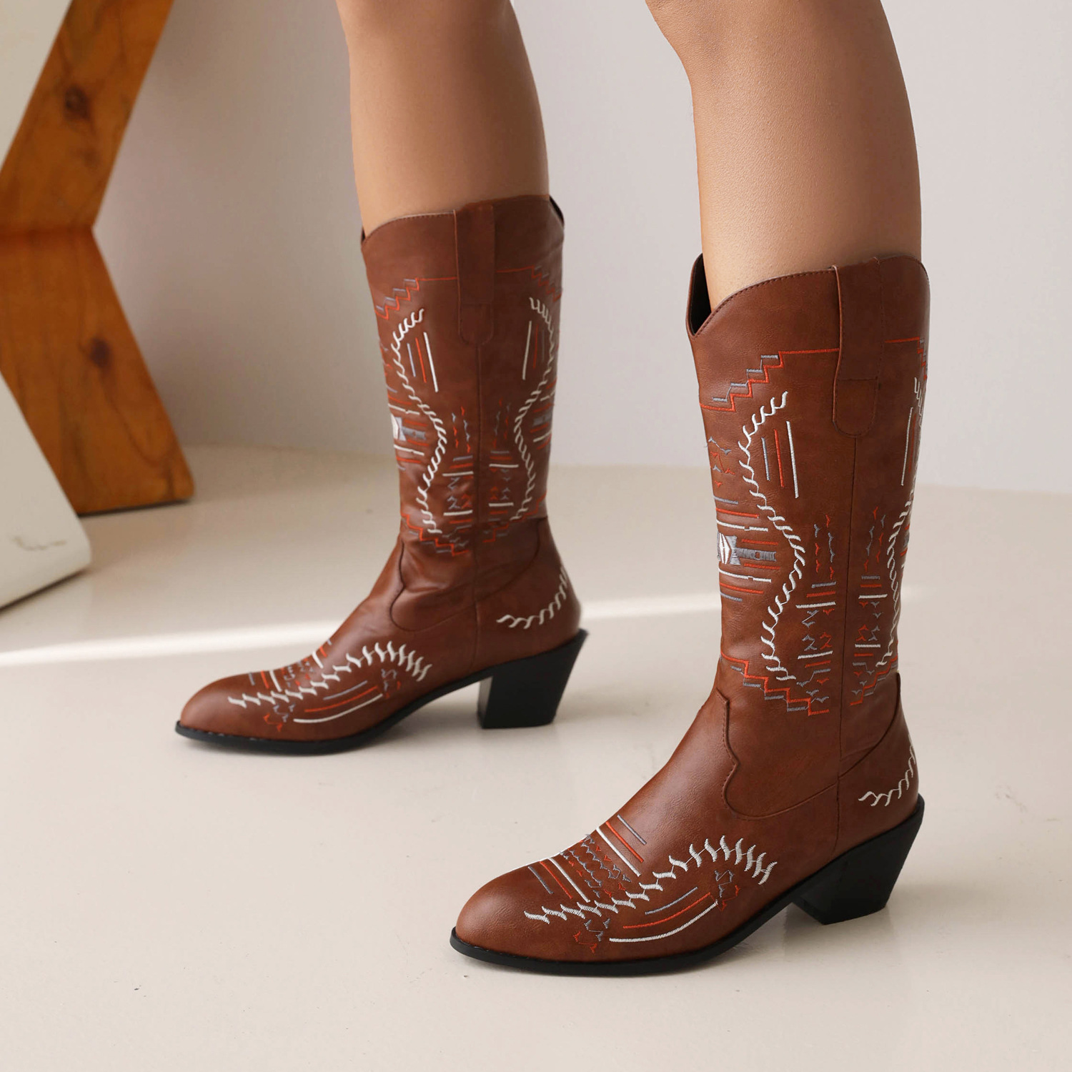 Embroidered Pointed High Boots, Knight Boots, Thick High-Heeled Boots