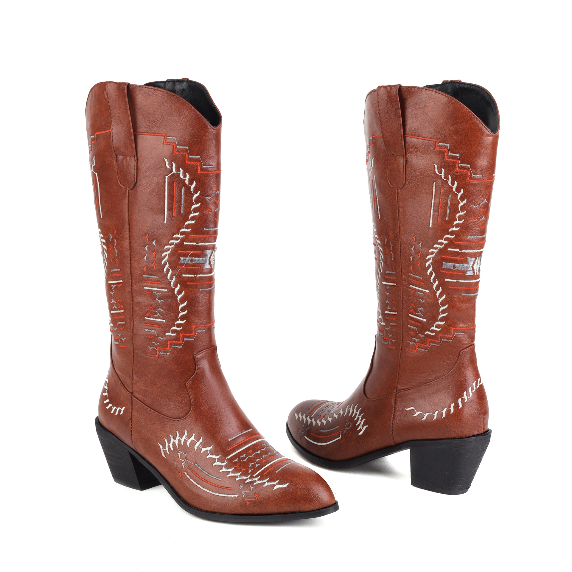 Embroidered Pointed High Boots, Knight Boots, Thick High-Heeled Boots