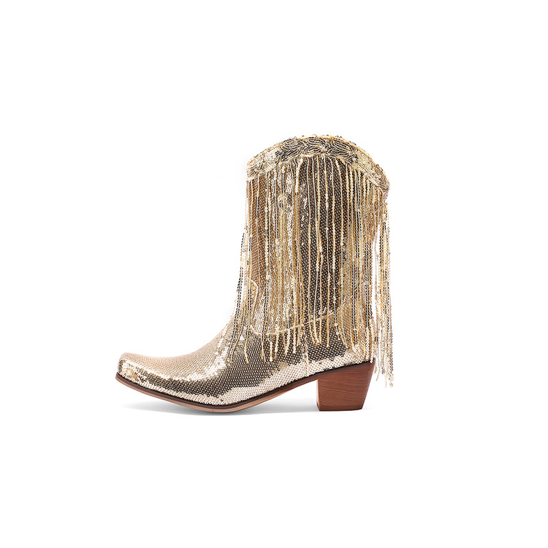 Fashion Sequined Fringed Boots, Pointed Short Boots, Thick Mid Heeled Boots