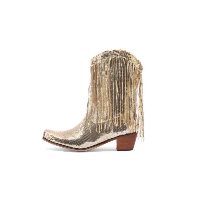 Fashion Sequined Fringed Boots, Pointed Short Boots, Thick Mid Heeled Boots 01