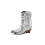 Fashion Sequined Fringed Boots, Pointed Short Boots, Thick Mid Heeled Boots