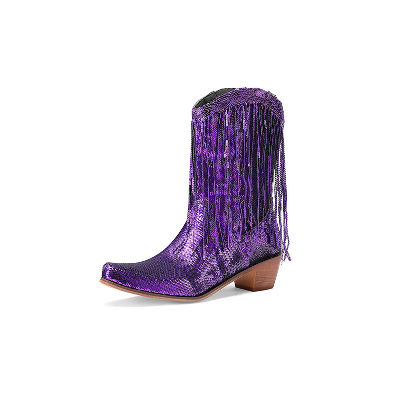 Fashion Sequined Fringed Boots, Pointed Short Boots, Thick Mid Heeled Boots