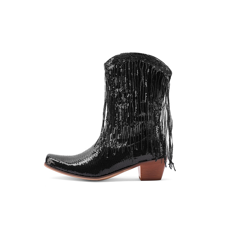 Fashion Sequined Fringed Boots, Pointed Short Boots, Thick Mid Heeled Boots