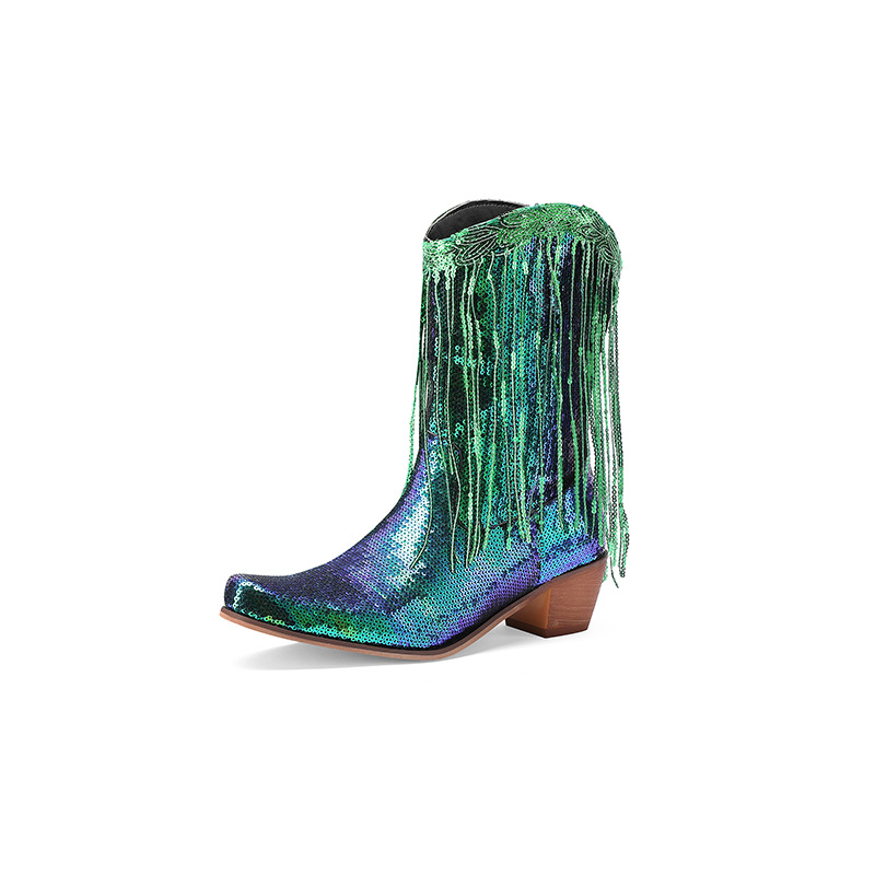 Fashion Sequined Fringed Boots, Pointed Short Boots, Thick Mid Heeled Boots