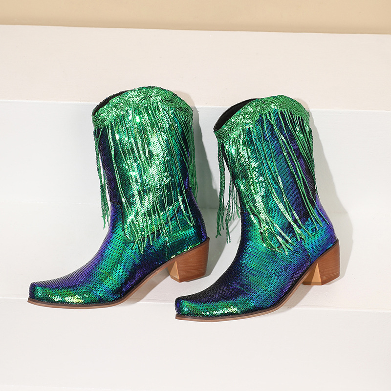 Fashion Sequined Fringed Boots, Pointed Short Boots, Thick Mid Heeled Boots