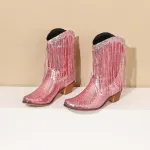 Fashion Sequined Fringed Boots, Pointed Short Boots, Thick Mid Heeled Boots