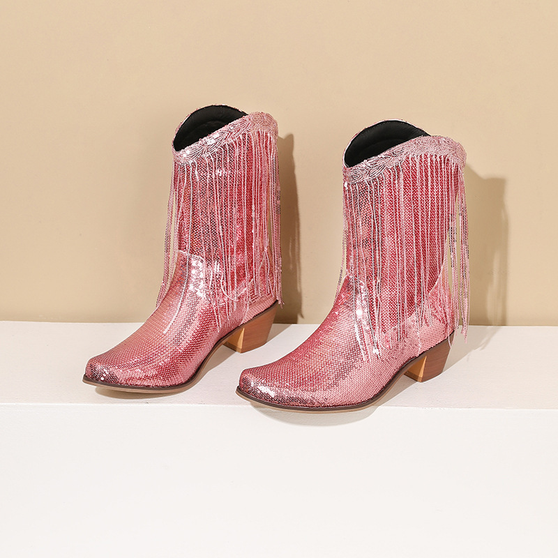 Fashion Sequined Fringed Boots, Pointed Short Boots, Thick Mid Heeled Boots