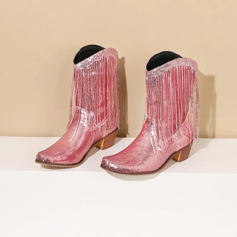 Fashion Sequined Fringed Boots, Pointed Short Boots, Thick Mid Heeled Boots