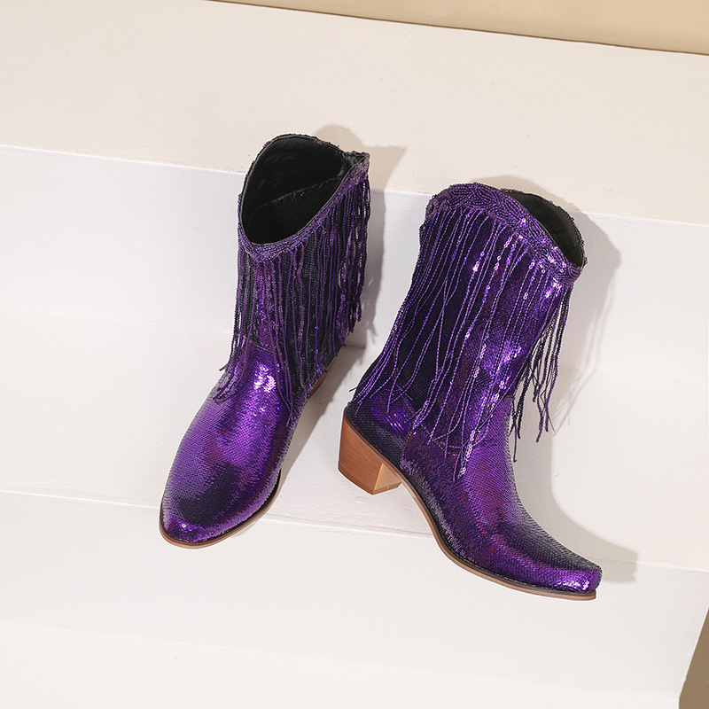 Fashion Sequined Fringed Boots, Pointed Short Boots, Thick Mid Heeled Boots